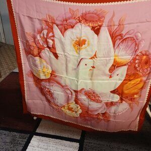 Vintage Andre Claude Canova French 100% Silk Scarf  Large Pink/Red Dove Floral